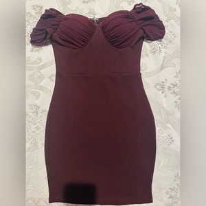 Windsor X-Small Mesh Off The Shoulder Mini Dress in Chocolate Brown
